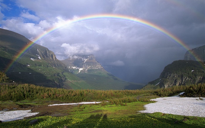 O arco-íris, montanhas, árvores, grama, nuvens Papéis de Parede, imagem