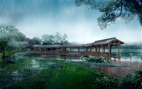 dia chuvoso, parque, ponte coberta, árvores, lago, trajeto, design 3D HD Papéis de Parede