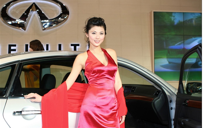 vestido vermelho Menina chinesa com carro Papéis de Parede, imagem