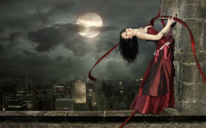 menina vestido vermelho fantasia, feliz, sorriso, pose, lua Papéis de Parede, imagem
