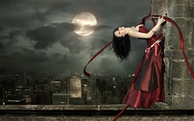 menina vestido vermelho fantasia, feliz, sorriso, pose, lua
