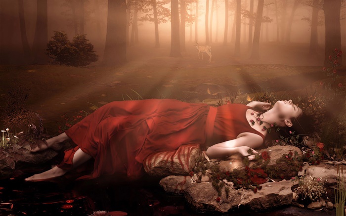 menina fantasia vestido vermelho, sono na floresta Papéis de Parede, imagem