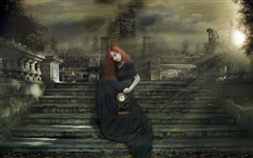 menina da fantasia de cabelo vermelho, escadas, relógio, noite