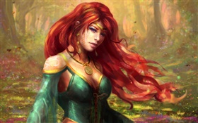 menina da fantasia de cabelo vermelha na floresta