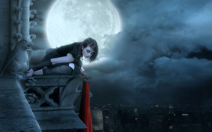 Menina vermelha lip fantasia na noite de lua, cidade Papéis de Parede, imagem