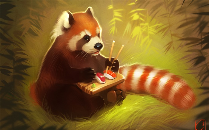 comer panda vermelho alimento, sushi, urso, pintura criativa Papéis de Parede, imagem