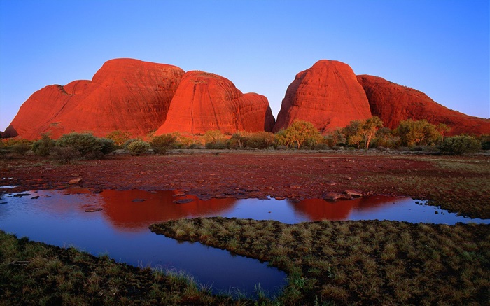 Montanha vermelha da rocha, água, grama, crepúsculo, Austrália Papéis de Parede, imagem