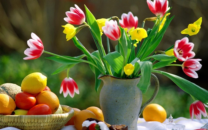pétalas brancas vermelhas tulipas, vaso, laranjas Papéis de Parede, imagem