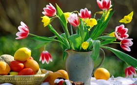 pétalas brancas vermelhas tulipas, vaso, laranjas HD Papéis de Parede