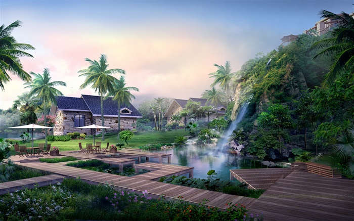 Resort, cachoeira, palmeiras, casa, design tropical, 3D Papéis de Parede, imagem