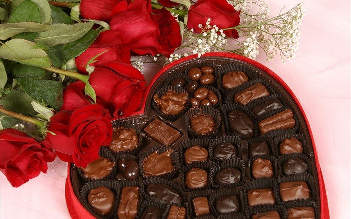 Presente romântico, rosa e chocolate Papéis de Parede, imagem