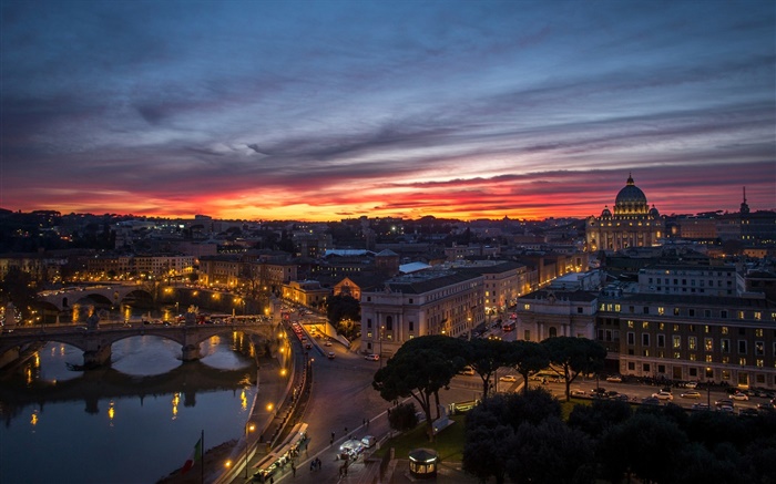 Roma, Itália, Vaticano, à noite, por do sol, casas, rio, pontes Papéis de Parede, imagem