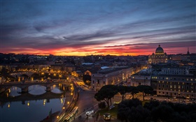 Roma, Itália, Vaticano, à noite, por do sol, casas, rio, pontes HD Papéis de Parede