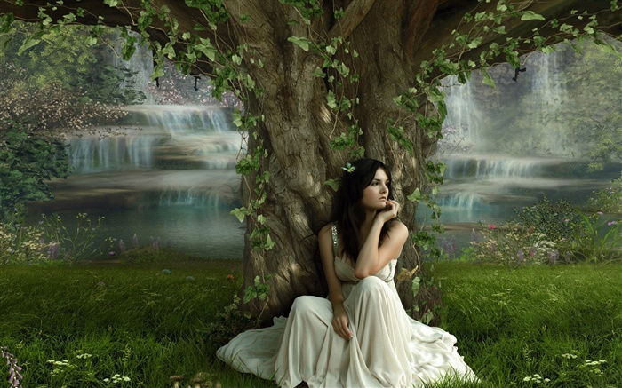 menina fantasia Tristeza sob a árvore Papéis de Parede, imagem
