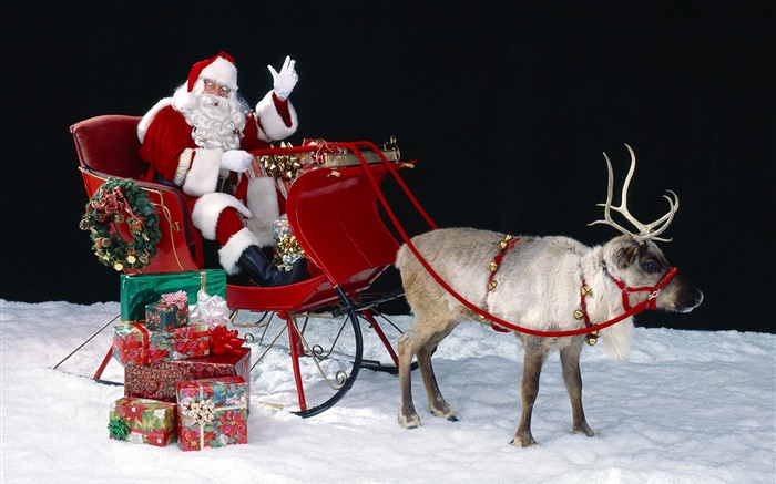 Santa, cervos, trenó, presentes, tema do Natal Papéis de Parede, imagem