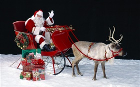 Santa, cervos, trenó, presentes, tema do Natal HD Papéis de Parede