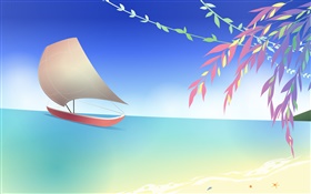 Mar, praia, barco, galhos, mola, projeto do vetor HD Papéis de Parede