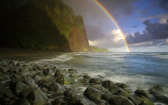 Mar, costa, pedras, arco-íris, nuvens Papéis de Parede, imagem