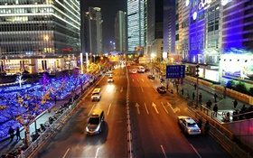 Shanghai, rua, luzes, noite, cidade, China