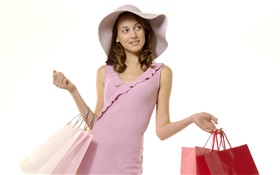 Menina de compra, vestido rosa HD Papéis de Parede