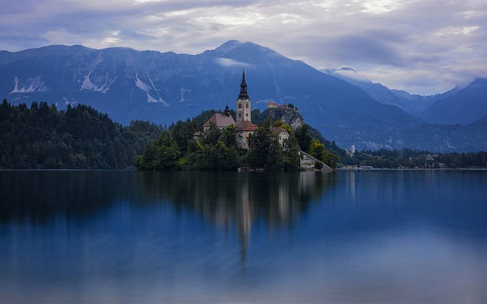 Eslovénia, ilha, igreja, lago, árvores, montanhas, amanhecer Papéis de Parede, imagem