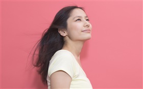 Sorriso asiático da menina, fundo rosa HD Papéis de Parede