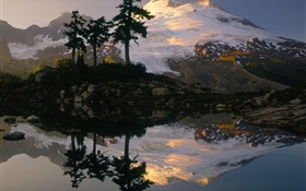 Montanha de neve, árvores, lago, reflexão da água, crepúsculo