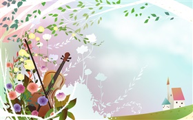 Mola temático, flores, violino, árvore, casa, vetor imagens HD Papéis de Parede