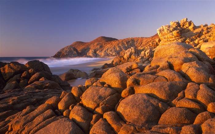 Pedras, praia, mar, costa, crepúsculo Papéis de Parede, imagem