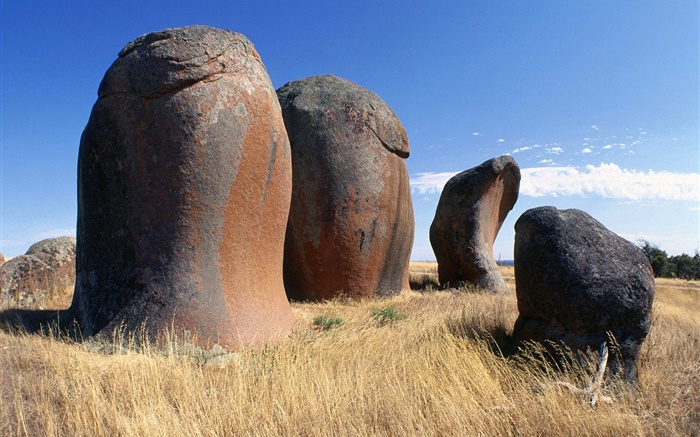 Pedras, grama, céu azul, nuvens, Austrália Papéis de Parede, imagem