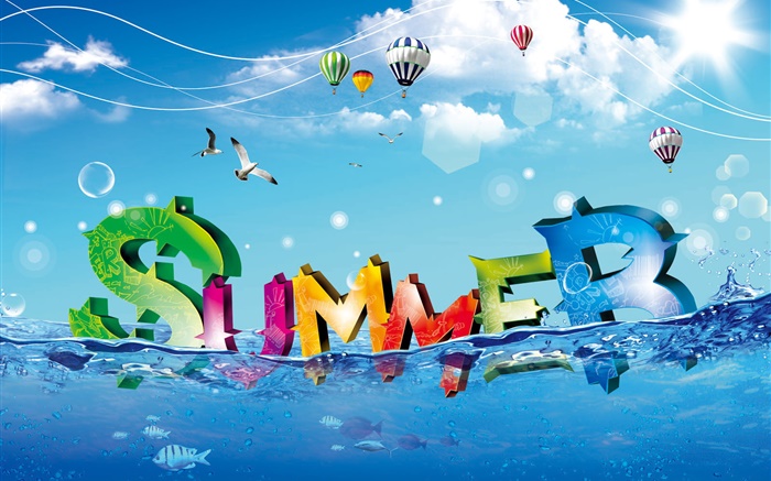 Verão, design criativo, colorido, água, peixes, pássaros, balões Papéis de Parede, imagem