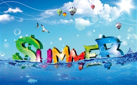 Verão, design criativo, colorido, água, peixes, pássaros, balões