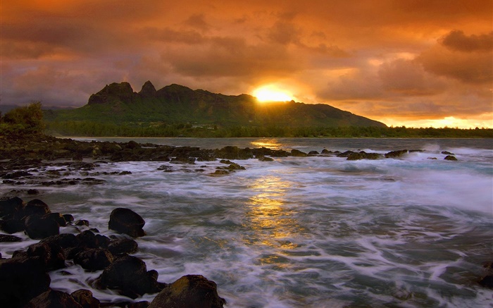Pôr do sol, céu vermelho, nuvens, costa, rochas, Havaí, EUA Papéis de Parede, imagem