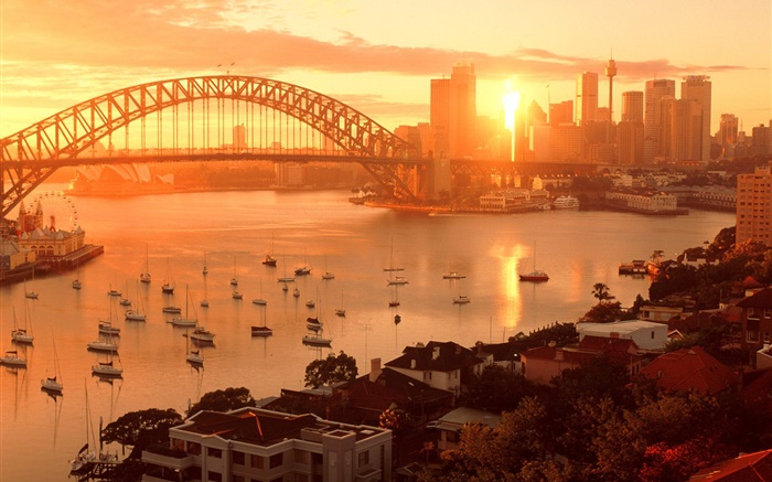 Sydney, Austrália, cidade do sol, ponte, rio, edifícios, sol quente Papéis de Parede, imagem