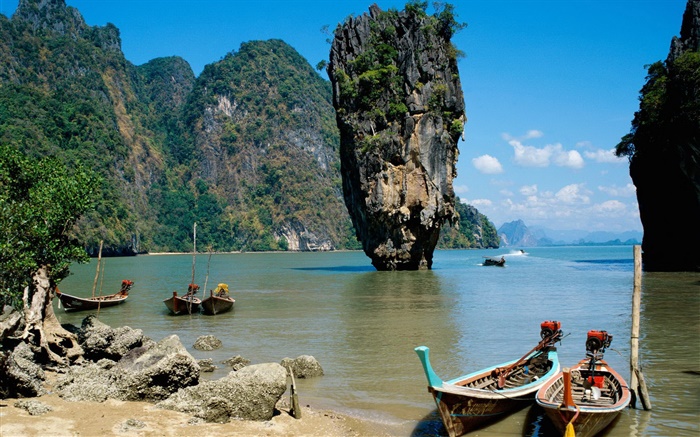 Tailândia cenário, mar, costa, barcos, penhasco, rochas Papéis de Parede, imagem