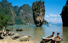 Tailândia cenário, mar, costa, barcos, penhasco, rochas HD Papéis de Parede