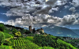 Tirolo, Itália, vila, casas, árvores, montanhas, nuvens HD Papéis de Parede