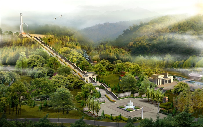 Vista de cima do parque, escadas, portas, árvores, nevoeiro, design 3D Papéis de Parede, imagem