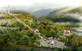 Vista de cima do parque, escadas, portas, árvores, nevoeiro, design 3D