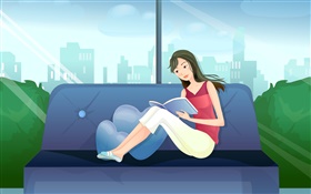 Menina do vetor, vestido vermelho, lendo o livro no sofá HD Papéis de Parede
