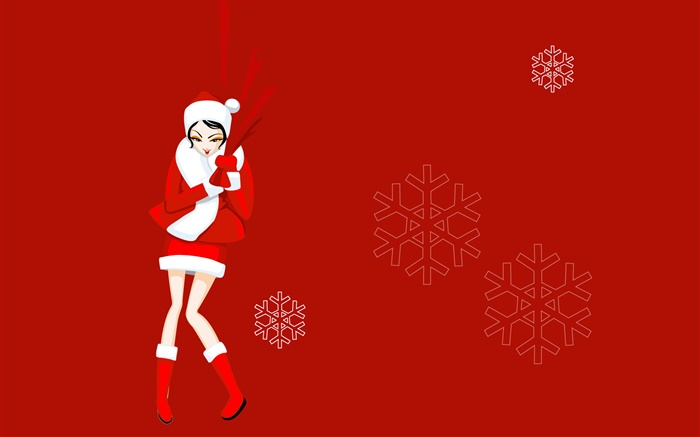 Vector imagens, menina Natal, vestido vermelho, floco de neve Papéis de Parede, imagem