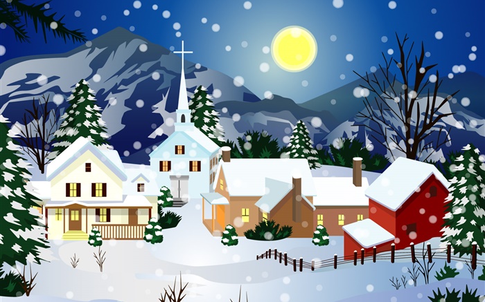 Vector imagens, neve espessa, casa, lua, de Natal Papéis de Parede, imagem