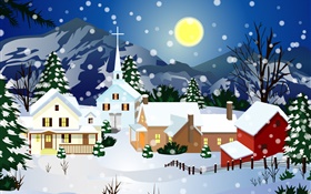Vector imagens, neve espessa, casa, lua, de Natal