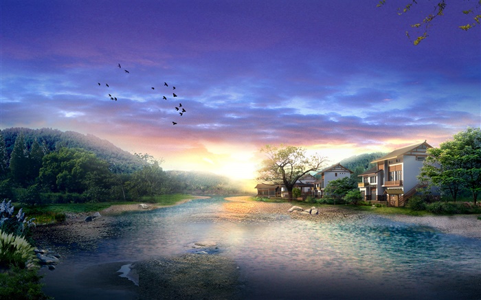 Aldeia, rio, árvores, pássaros, por do sol, nuvens, 3D render projeto Papéis de Parede, imagem