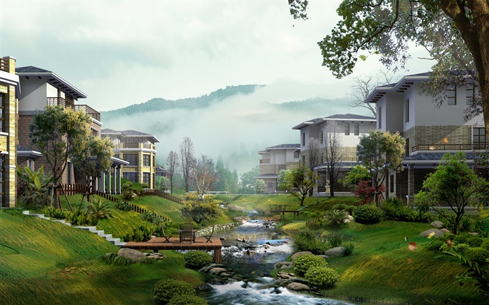 Villas, angra, árvores, nevoeiro, 3D render projeto Papéis de Parede, imagem