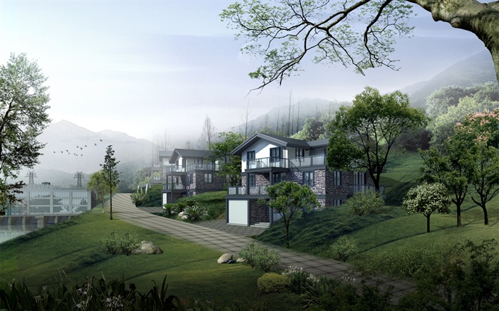 Villas, estrada, árvores, montanhas, design 3D Papéis de Parede, imagem