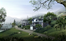 Villas, estrada, árvores, montanhas, design 3D