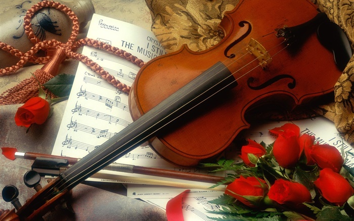 Violino, rosas vermelhas, música Papéis de Parede, imagem