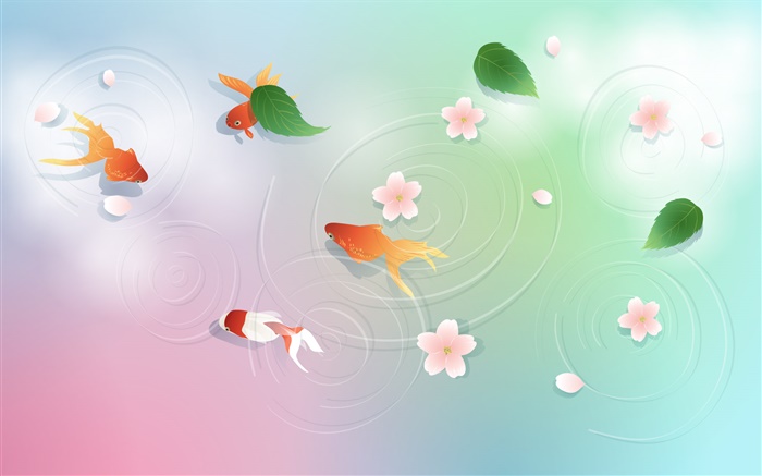 Água, peixe dourado, folhas, flores, projeto do vetor Papéis de Parede, imagem