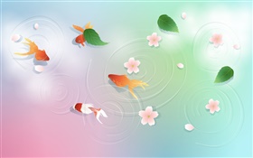 Água, peixe dourado, folhas, flores, projeto do vetor HD Papéis de Parede